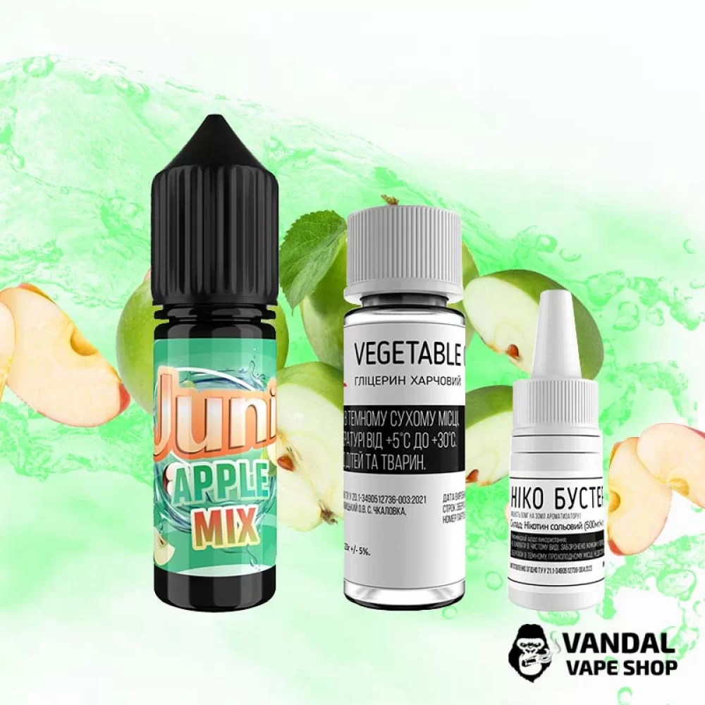 Набір для самозамісу Juni 15 мл 65 мг зі смаком двох сортів яблук Набір для самозамісу Juni 15 мл 65 мг зі смаком двох сортів яблук