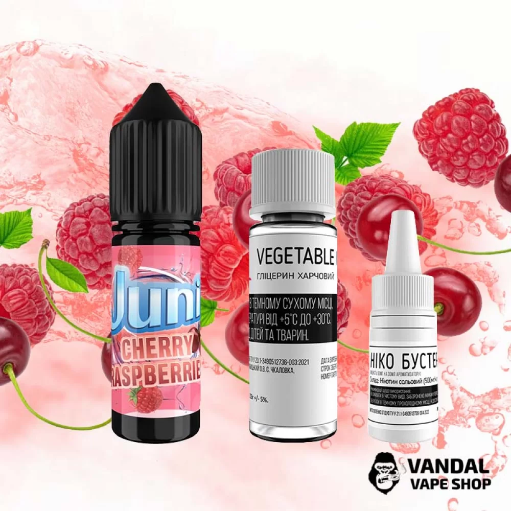 Набір для самозамісу Juni 15 мл 65 мг зі смаком малини і вишні Набір для самозамісу Juni 15 мл 65 мг зі смаком малини і вишні