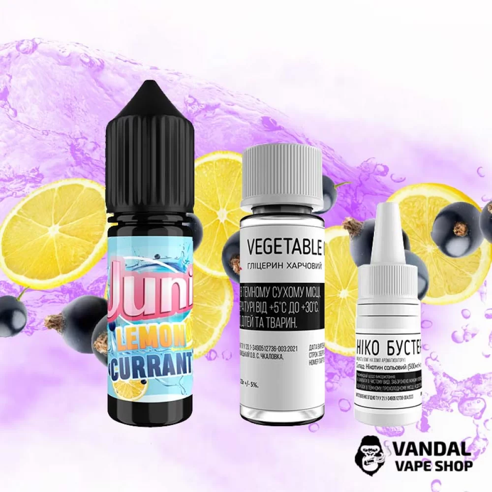 Набір для самозамісу Juni 15 мл 65 мг зі смаком лимона і смородини Набір для самозамісу Juni 15 мл 65 мг зі смаком лимона і смородини