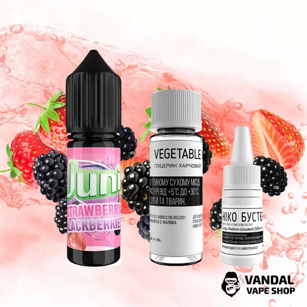 Набір для самозамісу Juni 15 мл 50 мг зі смаком полуниці і ожини Набір для самозамісу Juni 15 мл 50 мг зі смаком полуниці і ожини