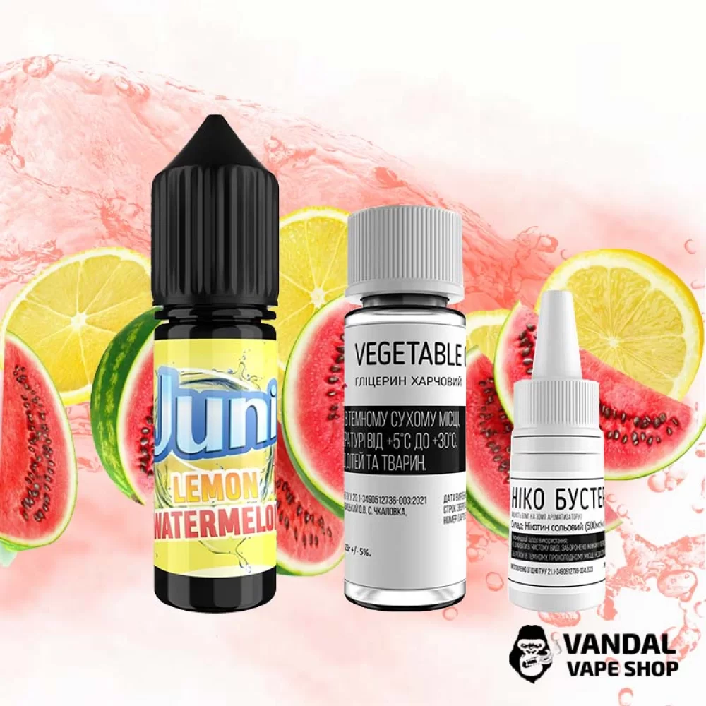 Набор для самозамеса Juni 15 мл 65 мг со вкусом арбуза и лимона Набор для самозамеса Juni 15 мл 65 мг со вкусом арбуза и лимона