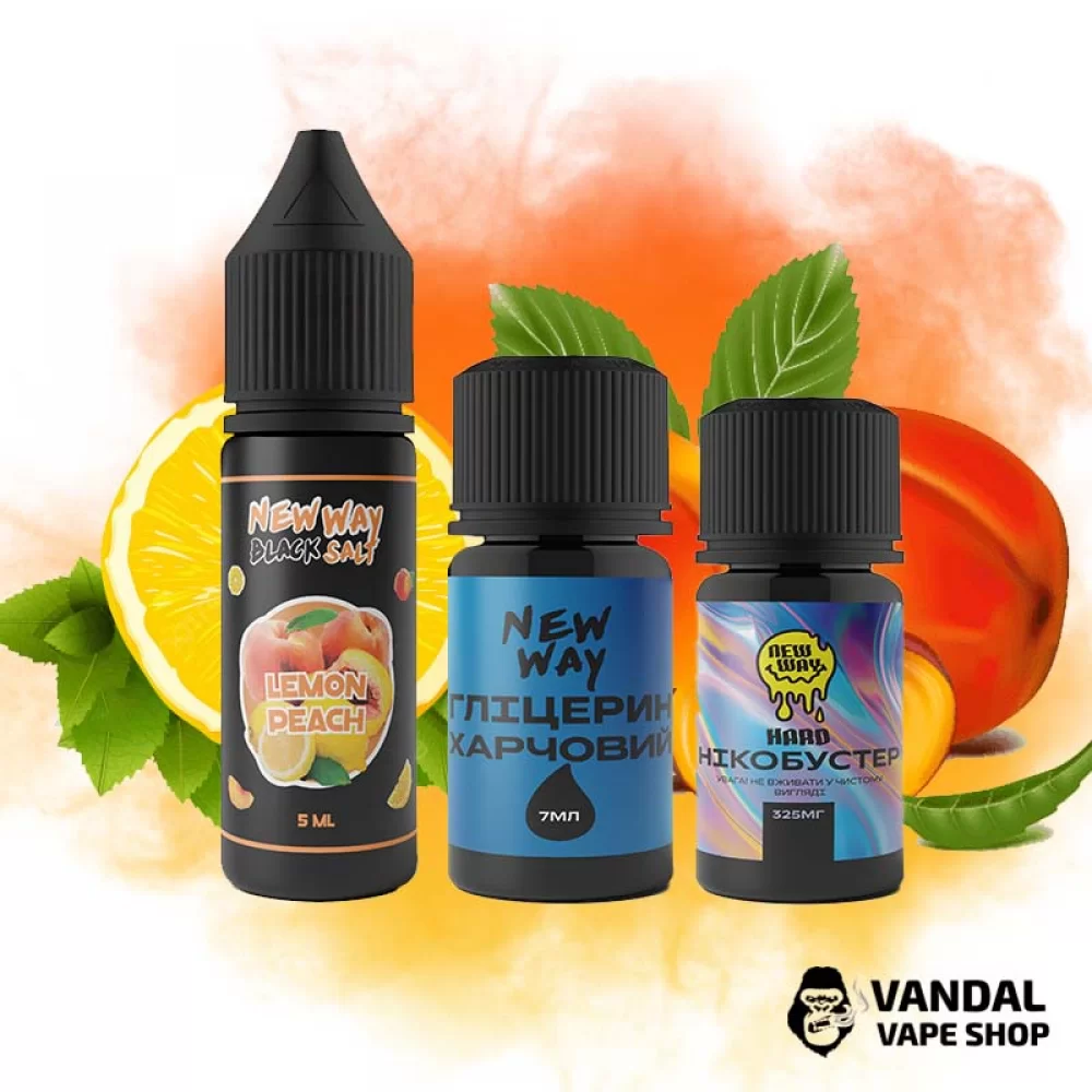 Набор для самозамеса New Way Black 15 мл 65 мг со вкусом лимона и персика Набор для самозамеса New Way Black 15 мл 65 мг со вкусом лимона и персика