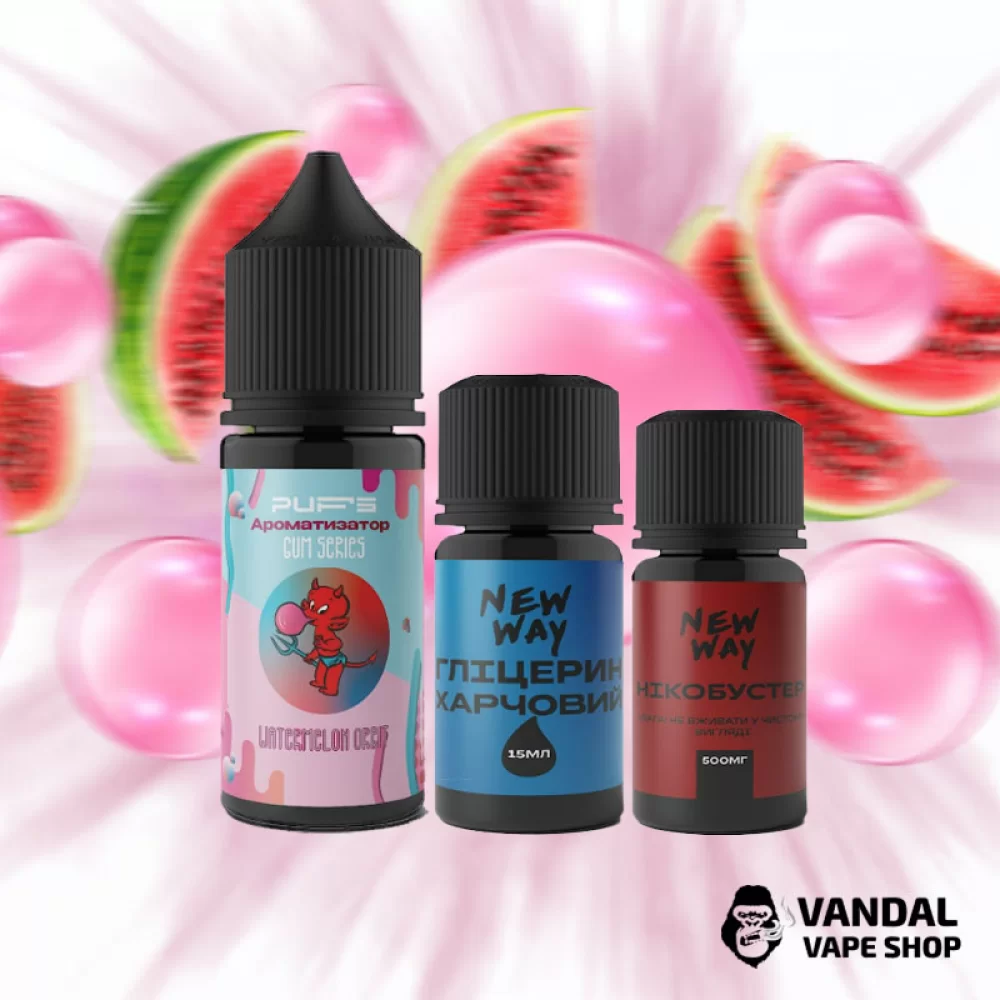 Набір для самозамісу PUFS 30 мл 30 мг зі смаком жуйки з кавуном Набір для самозамісу PUFS 30 мл 30 мг зі смаком жуйки з кавуном