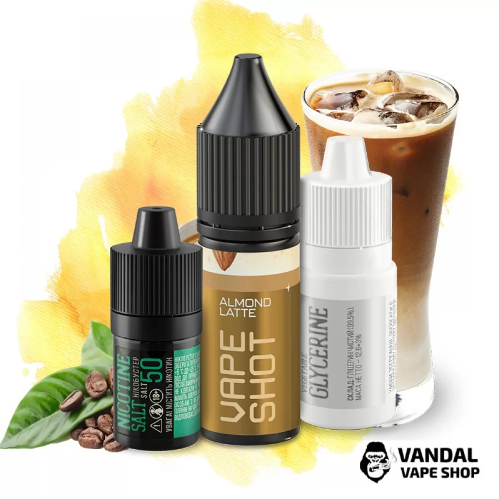 Набір для самозамісу Vape Shot 15 мл 50 мг зі смаком мигдального лате Набір для самозамісу Vape Shot 15 мл 50 мг зі смаком мигдального лате
