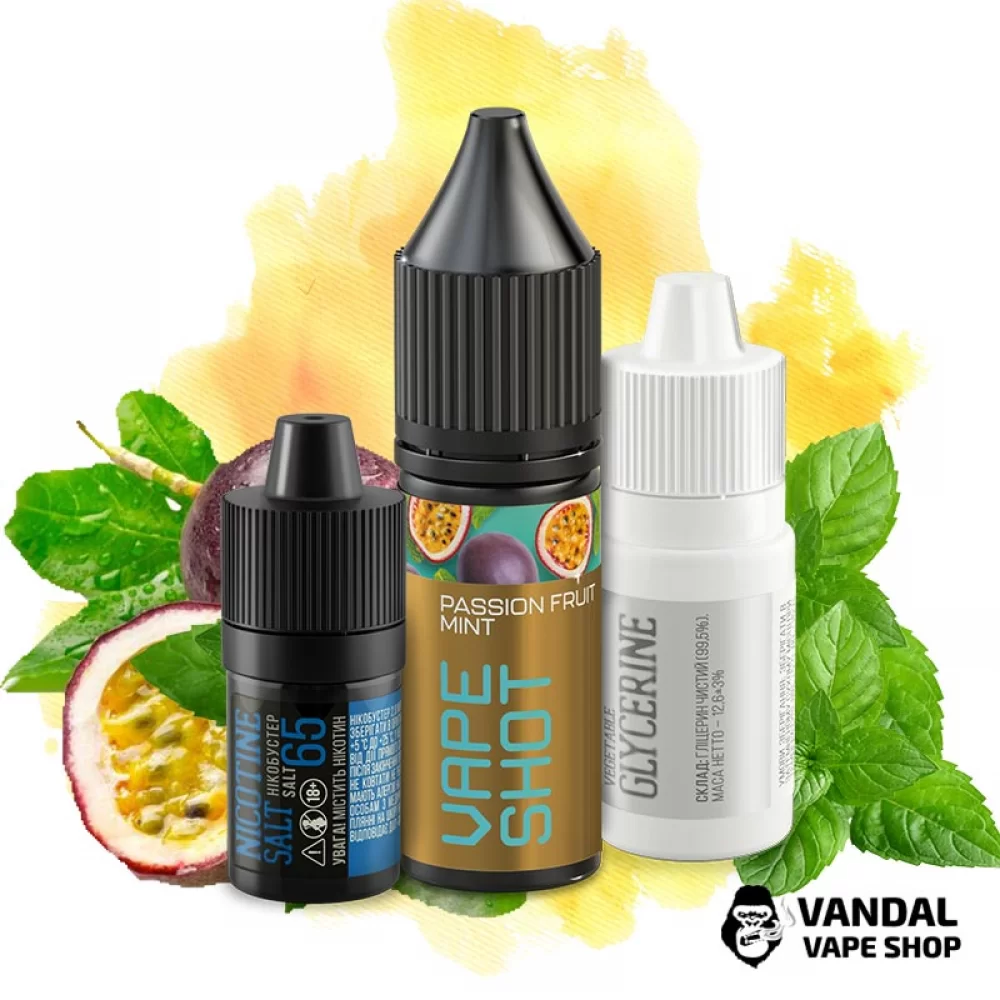 Набір для самозамісу Vape Shot 15 мл 65 мг зі смаком маракуї та м'яти Набір для самозамісу Vape Shot 15 мл 65 мг зі смаком маракуї та м'яти