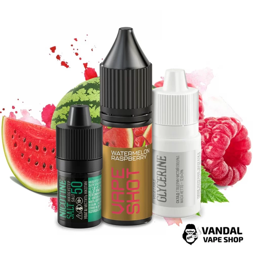 Набір для самозамісу Vape Shot 15 мл 25 мг зі смаком кавуна та малини Набір для самозамісу Vape Shot 15 мл 25 мг зі смаком кавуна та малини