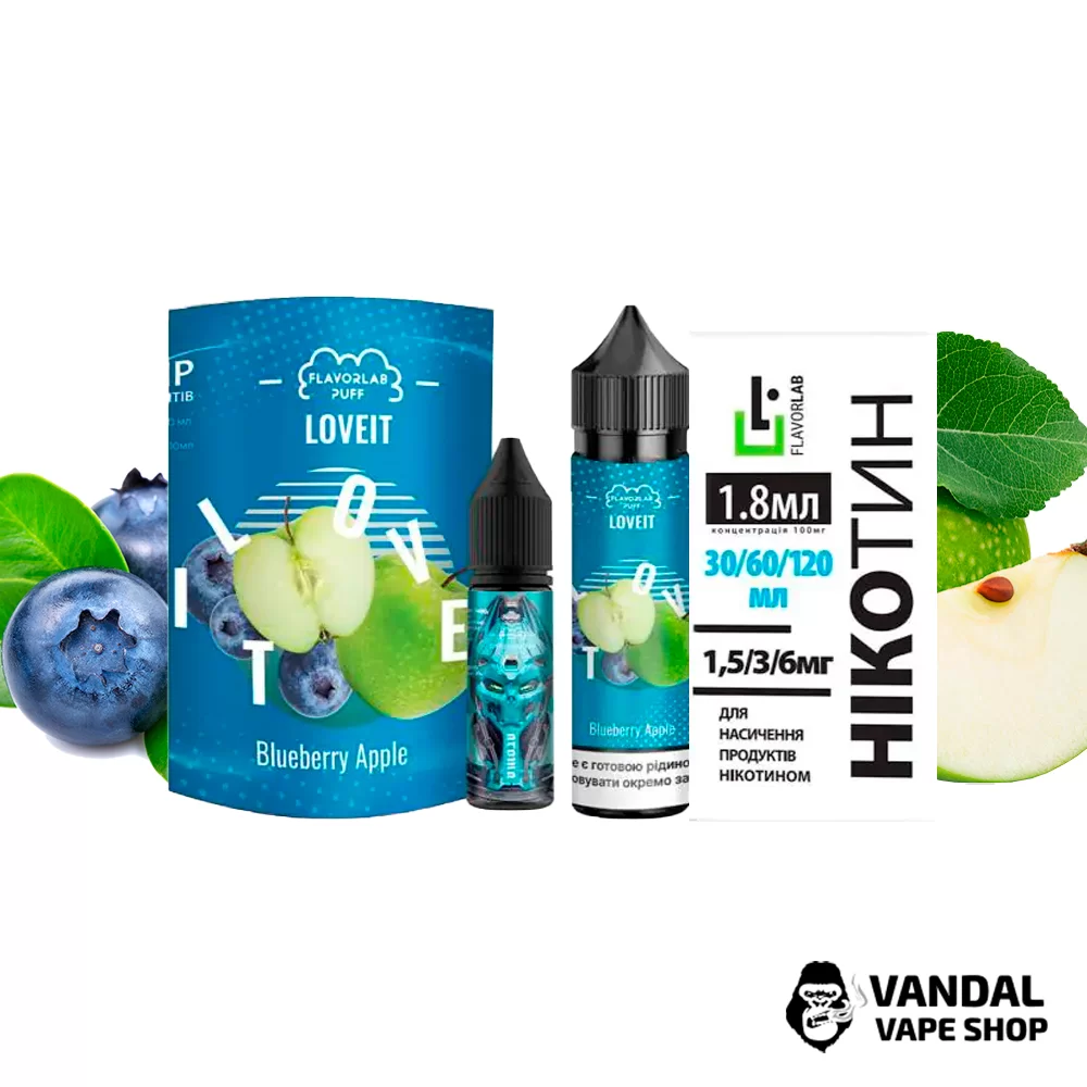 Набір для самозамісу Flavorlab Love it 60 мл 3 мг зі смаком чорниці з яблуком, ментолу Набір для самозамісу Flavorlab Love it 60 мл 3 мг зі смаком чорниці з яблуком, ментолу