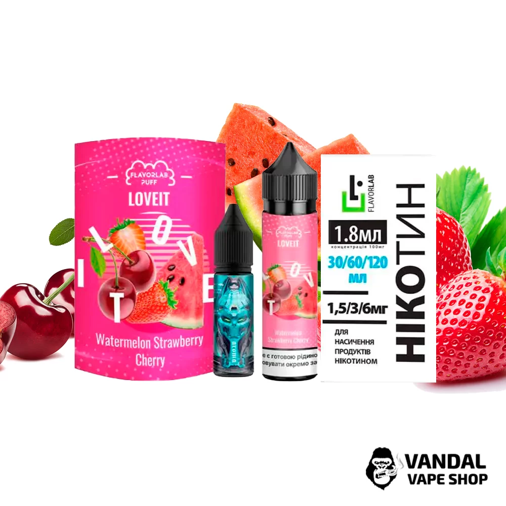 Набір для самозамісу Flavorlab Love it 60 мл 6 мг зі смаком кавуна з полуницею і вишнею, ментолом Набір для самозамісу Flavorlab Love it 60 мл 6 мг зі смаком кавуна з полуницею і вишнею, ментолом