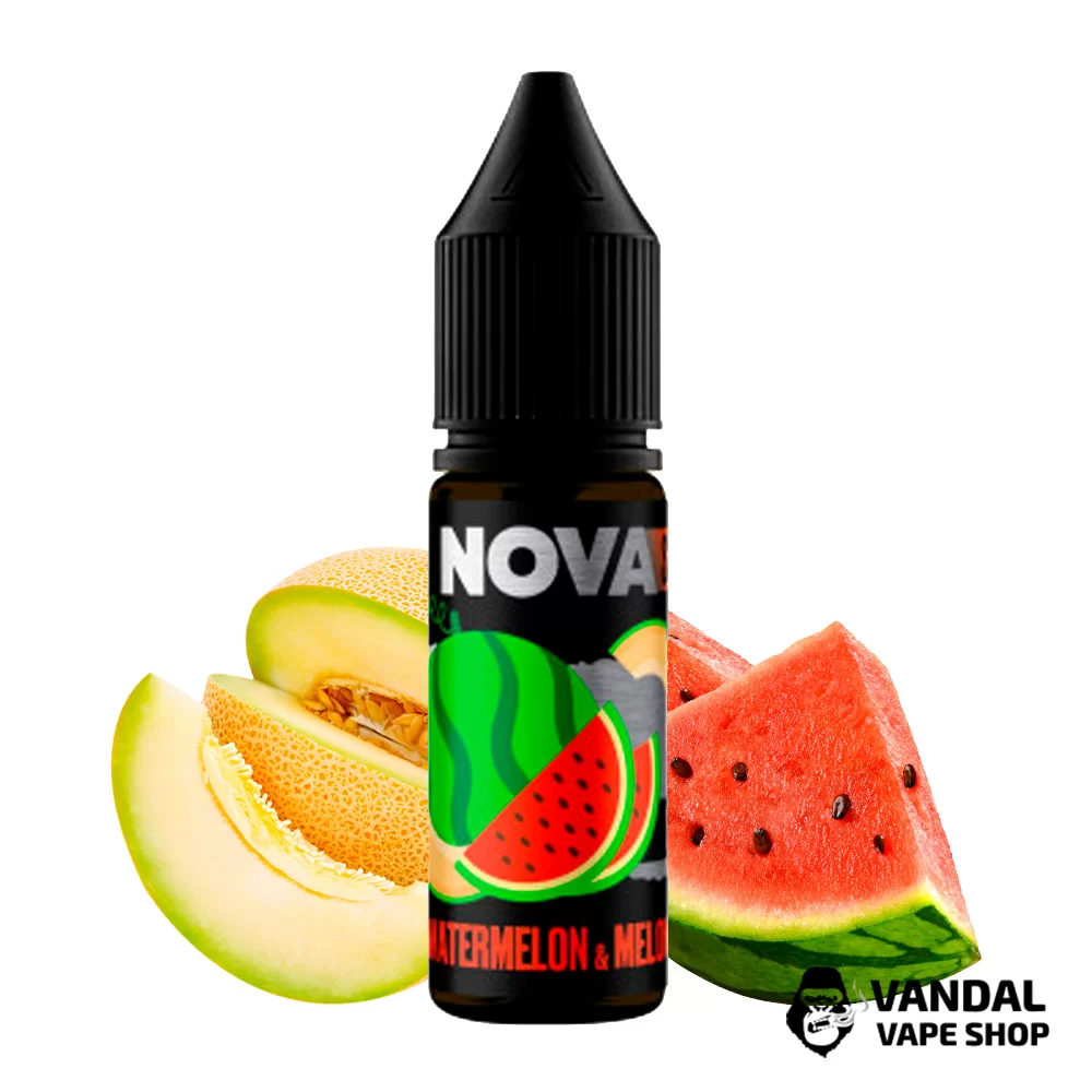 Рідина Nova Salt 15 мл на сольовому нікотині 65 мг зі смаком кавуна та дині Рідина Nova Salt 15 мл на сольовому нікотині 65 мг зі смаком кавуна та дині