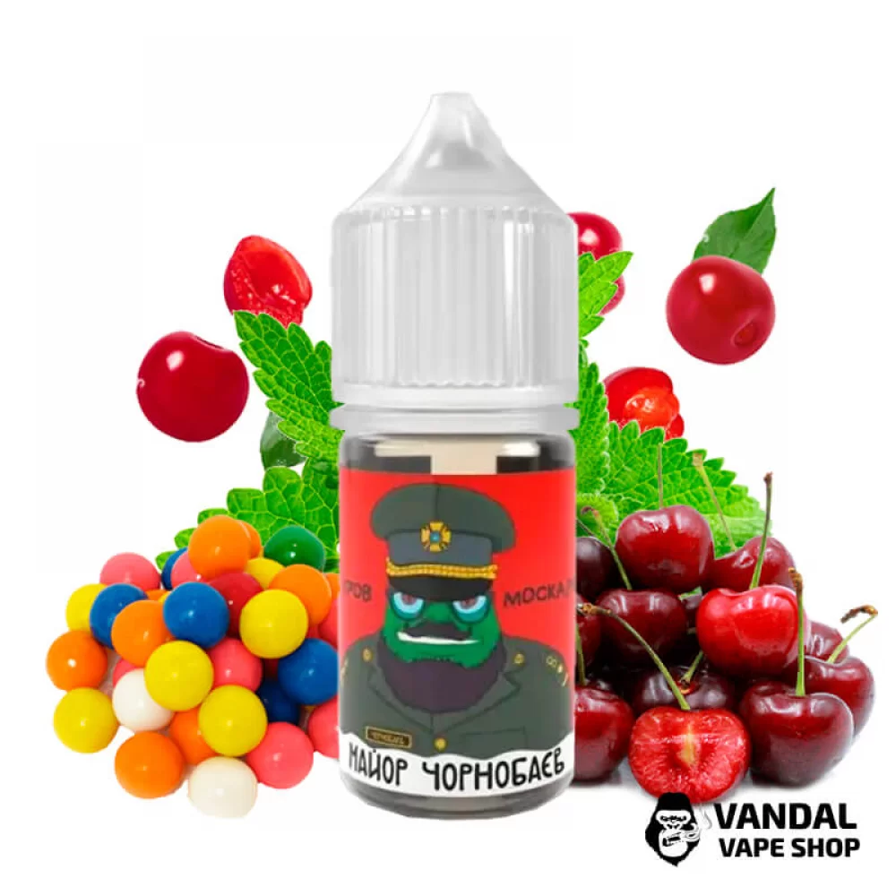 Жидкость Майор Чернобаев 30 мл на солевом никотине 30 мг со вкусом вишни, жвачки и ментола