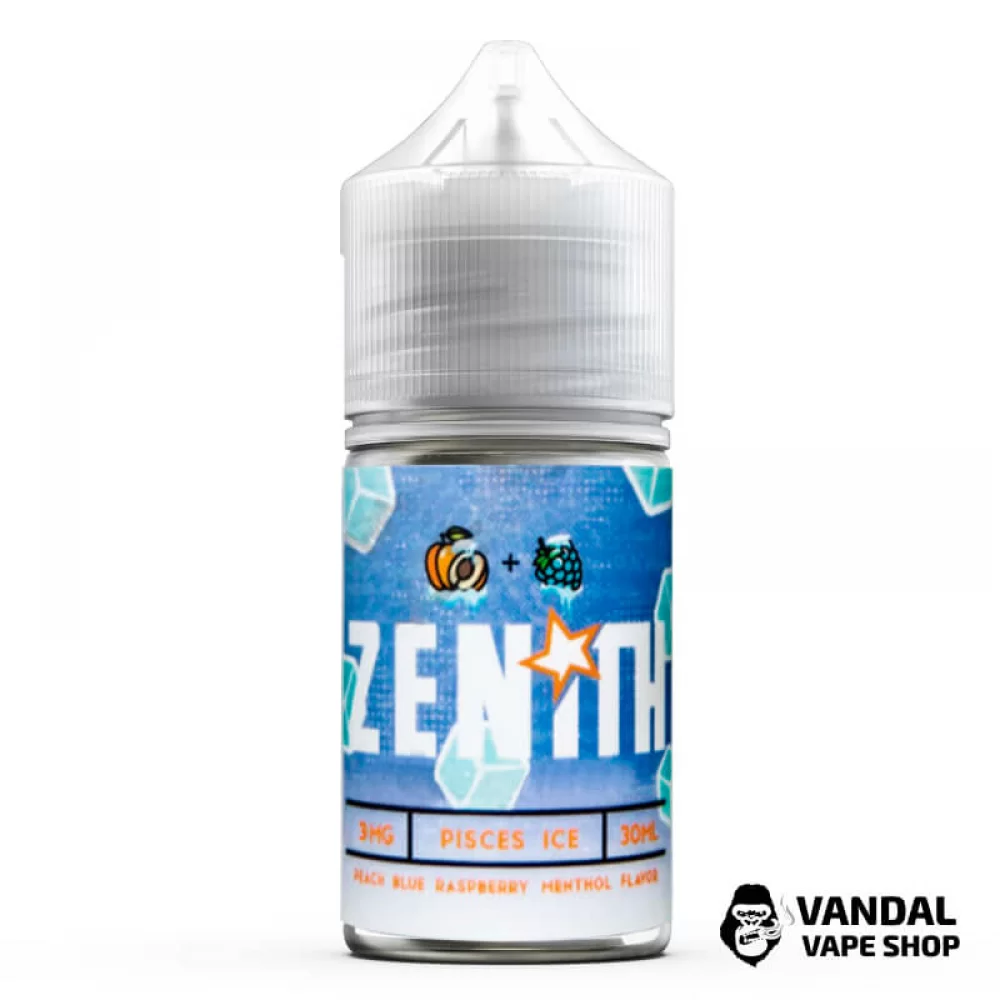 Премиальная солевая жидкость Zenith Salt Pisces Ice 30 мл, 50 мг со вкусом персика и голубой малины с холодком Премиальная солевая жидкость Zenith Salt Pisces Ice 30 мл, 50 мг со вкусом персика и голубой малины с холодком