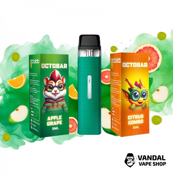 Набір M: подсистема Vaporesso XROS Mini в темно-зеленому кольорі + 2 набори для самозамісу OctoBar 10 мл 50 мг: зі смаком яблука і винограду + зі смаком цитрусів