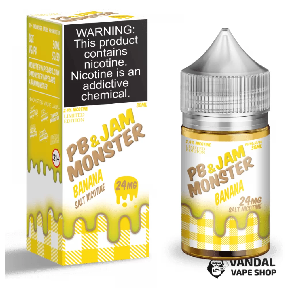 Преміальна сольова рідина Jam Monster Salt 30 мл, 24 мг зі смаком бананового джему і арахісової пасти Преміальна сольова рідина Jam Monster Salt 30 мл, 24 мг зі смаком бананового джему і арахісової пасти