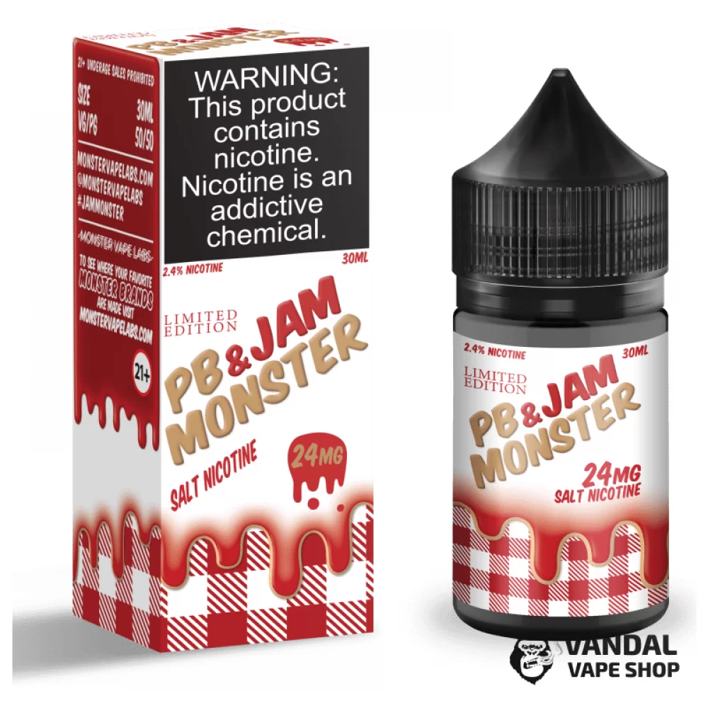 Премиальная солевая жидкость PB & Jam Monster Salt 30 мл, 48 мг со вкусом клубничного джема и арахисовой пасты Премиальная солевая жидкость PB & Jam Monster Salt 30 мл, 48 мг со вкусом клубничного джема и арахисовой пасты