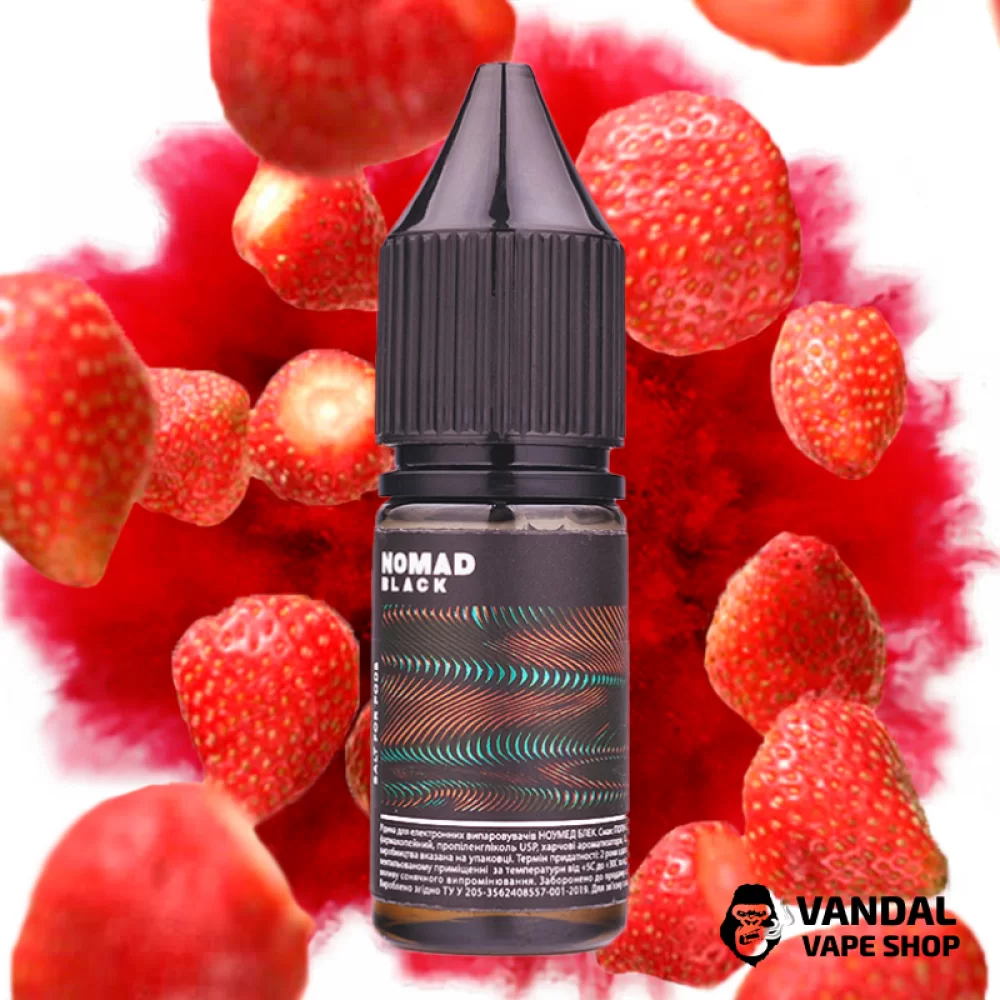 РІДИНА Nomad Black Salt - 10 мл, 50 мг НА СОЛЬОВОМУ НІКОТИНІ зі смаком полуниці РІДИНА Nomad Black Salt - 10 мл, 50 мг НА СОЛЬОВОМУ НІКОТИНІ зі смаком полуниці