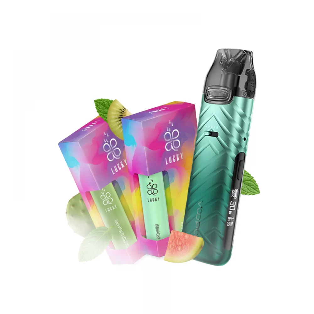 Набор L 2.0: Voopoo VMATE Pro Power Edition Armor Green + Lucky 30 мл Spearmint 65 мг + Lucky 30 мл Cactus Guava Kiwi 65 мг + Стикерпак