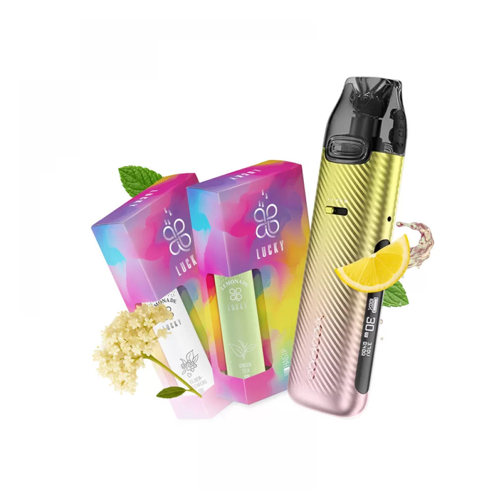 Набор L 2.0: Voopoo VMATE Pro Power Edition Whorl Dawn + Lucky 30 мл Buzzina Elder Flowers 50 мг + Lucky 30 мл Green Tea 50 мг + Стикерпак