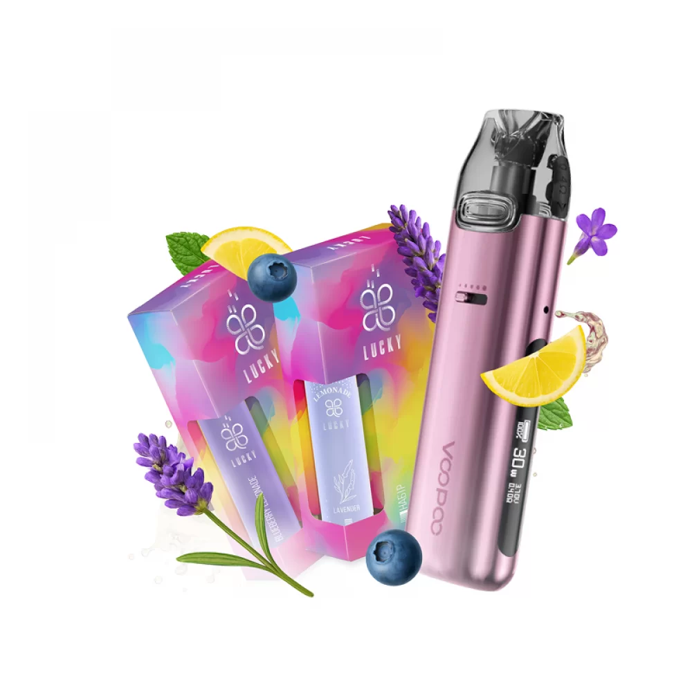 Набор L 2.0: Voopoo VMATE Pro Power Edition Pink + Lucky 30 мл Lavender 65 мг + Lucky 30 мл Blueberry Lemonade 65 мг + Стикерпак