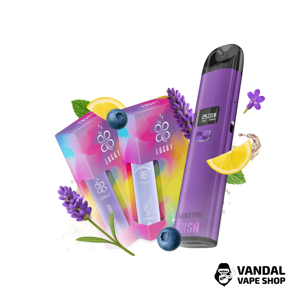 Набір L 2.0: подсистема Ursa Nano Pro у фіолетовому кольорі + 2 набори для самозамісу Lucky 30 мл 65 мг зі смаком лаванди /чорничного лимонаду