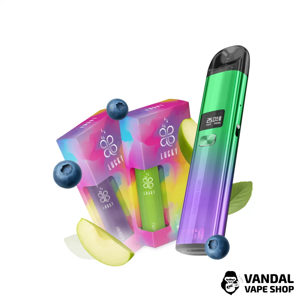 Набор L 2.0: подсистема Ursa Nano Pro в фиолетово-зеленом цвете + 2 набора для самозамеса Lucky 30 мл 65 мг со вкусом черники/яблока Набор L 2.0: подсистема Ursa Nano Pro в фиолетово-зеленом цвете + 2 набора для самозамеса Lucky 30 мл 65 мг со вкусом черники/яблока