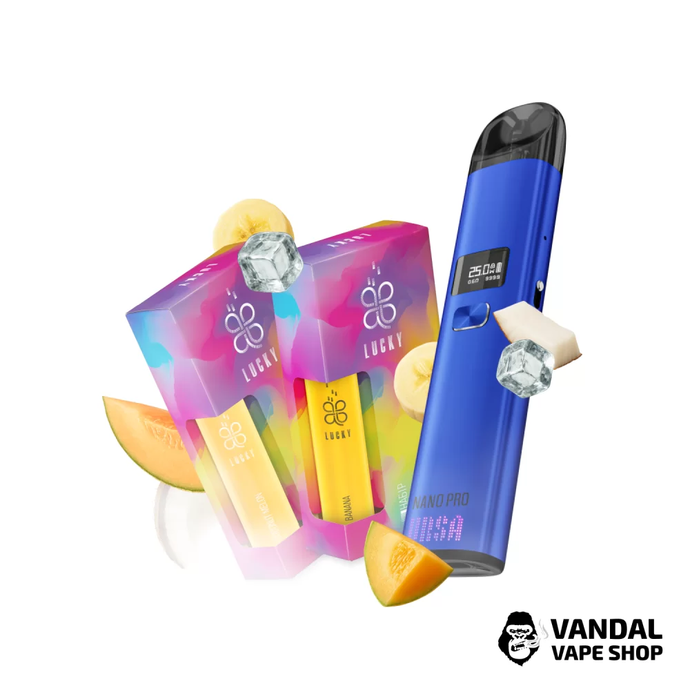 Набір L 2.0: подсистема Ursa Nano Pro у синьому кольорі + 2 набори для самозамісу Lucky 30 мл 65 мг зі смаком банана з льодом /кокоса та дині Набір L 2.0: подсистема Ursa Nano Pro у синьому кольорі + 2 набори для самозамісу Lucky 30 мл 65 мг зі смаком банана з льодом /кокоса та дині