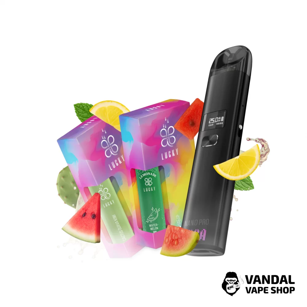 Набір L 2.0: подсистема Ursa Nano Pro у чорному кольорі + 2 набори для самозамісу Lucky 30 мл 50 мг зі смаком кавунового лимонаду /кактуса гуави, ківі Набір L 2.0: подсистема Ursa Nano Pro у чорному кольорі + 2 набори для самозамісу Lucky 30 мл 50 мг зі смаком кавунового лимонаду /кактуса гуави, ківі