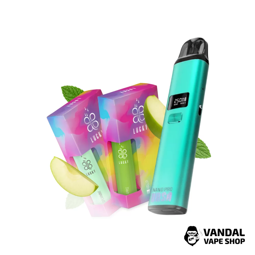 Набір L 2.0: подсистема Ursa Nano Pro у неоново-м'ятному кольорі + 2 набори для самозамісу Lucky 30 мл 50 мг зі смаком м'яти /яблука Набір L 2.0: подсистема Ursa Nano Pro у неоново-м'ятному кольорі + 2 набори для самозамісу Lucky 30 мл 50 мг зі смаком м'яти /яблука
