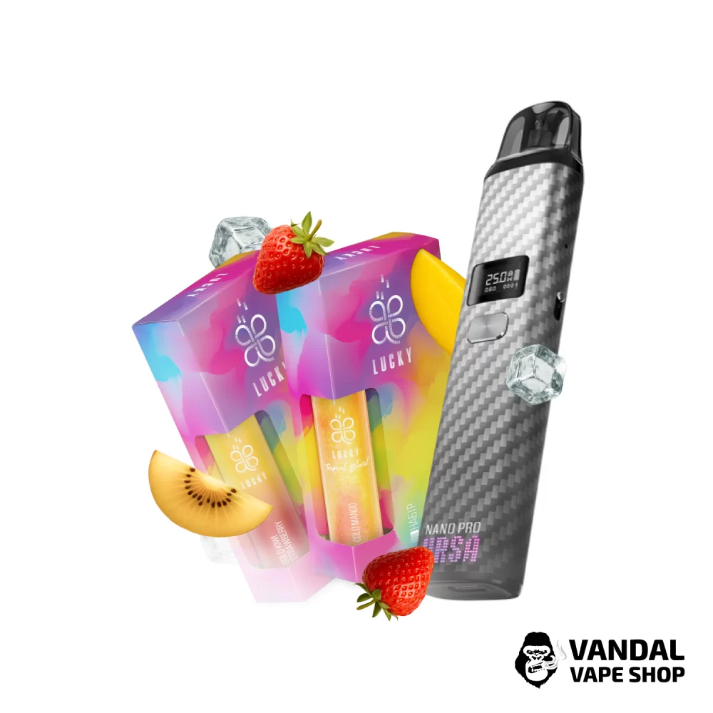 Набор L 2.0: подсистема Ursa Nano Pro в карбоново серо-черном градиенте + 2 набора для самозамеса Lucky 30 мл 50 мг со вкусом киви и клубники/манго с холодком Набор L 2.0: подсистема Ursa Nano Pro в карбоново серо-черном градиенте + 2 набора для самозамеса Lucky 30 мл 50 мг со вкусом киви и клубники/манго с холодком