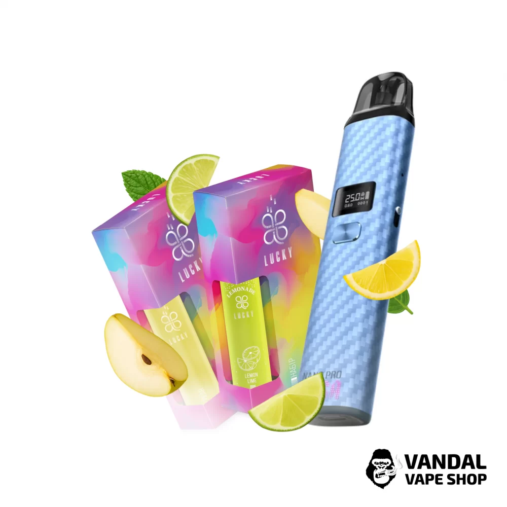 Набір L 2.0: подсистема Ursa Nano Pro у карбоново синьому кольорі + 2 набори для самозамісу Lucky 30 мл 65 мг зі смаком груші /лимонаду з лимоном та лаймом Набір L 2.0: подсистема Ursa Nano Pro у карбоново синьому кольорі + 2 набори для самозамісу Lucky 30 мл 65 мг зі смаком груші /лимонаду з лимоном та лаймом