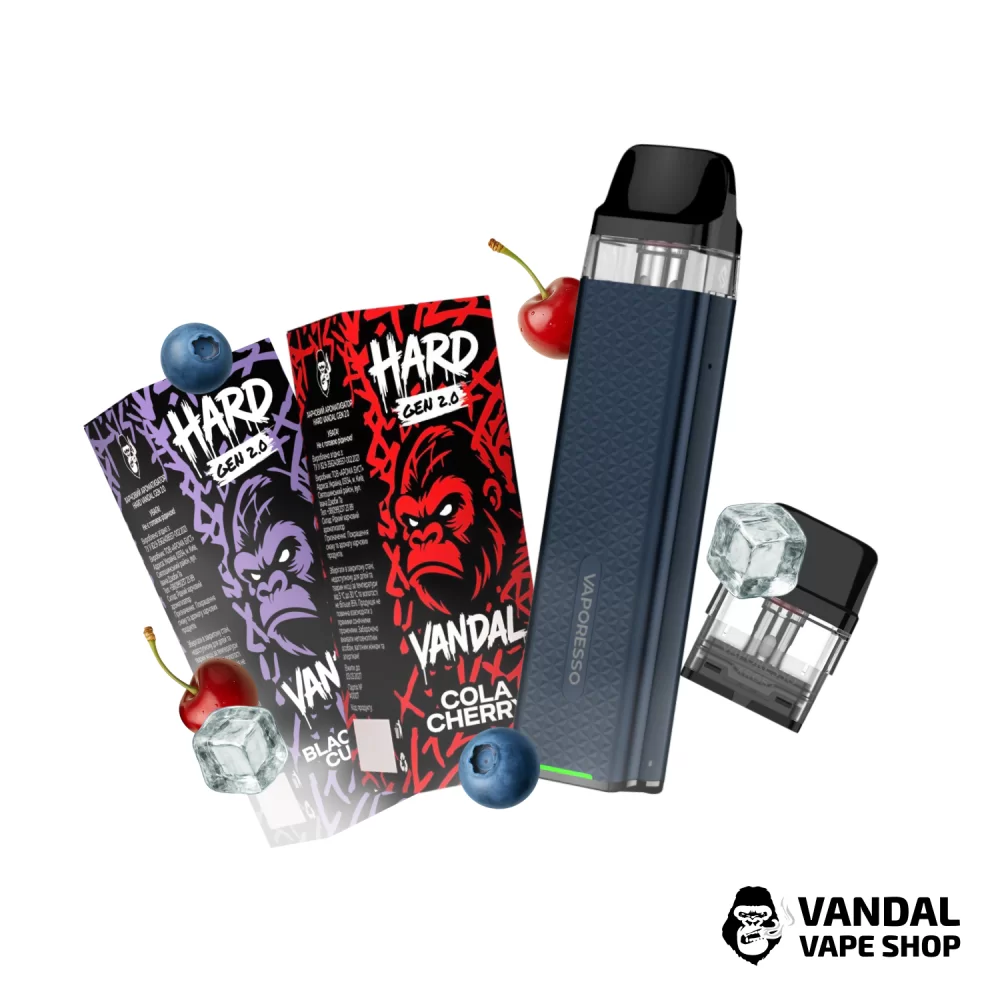 Набір M 2.0: подсистема Vaporesso XROS 3 Mini у темно-синьому кольорі + картридж 1.0 Ом + 2 набори для самозамісу HARD VANDAL 2.0 10 мл 50 мг: зі смаком коли з вишнею/зі смаком ожини та смородини