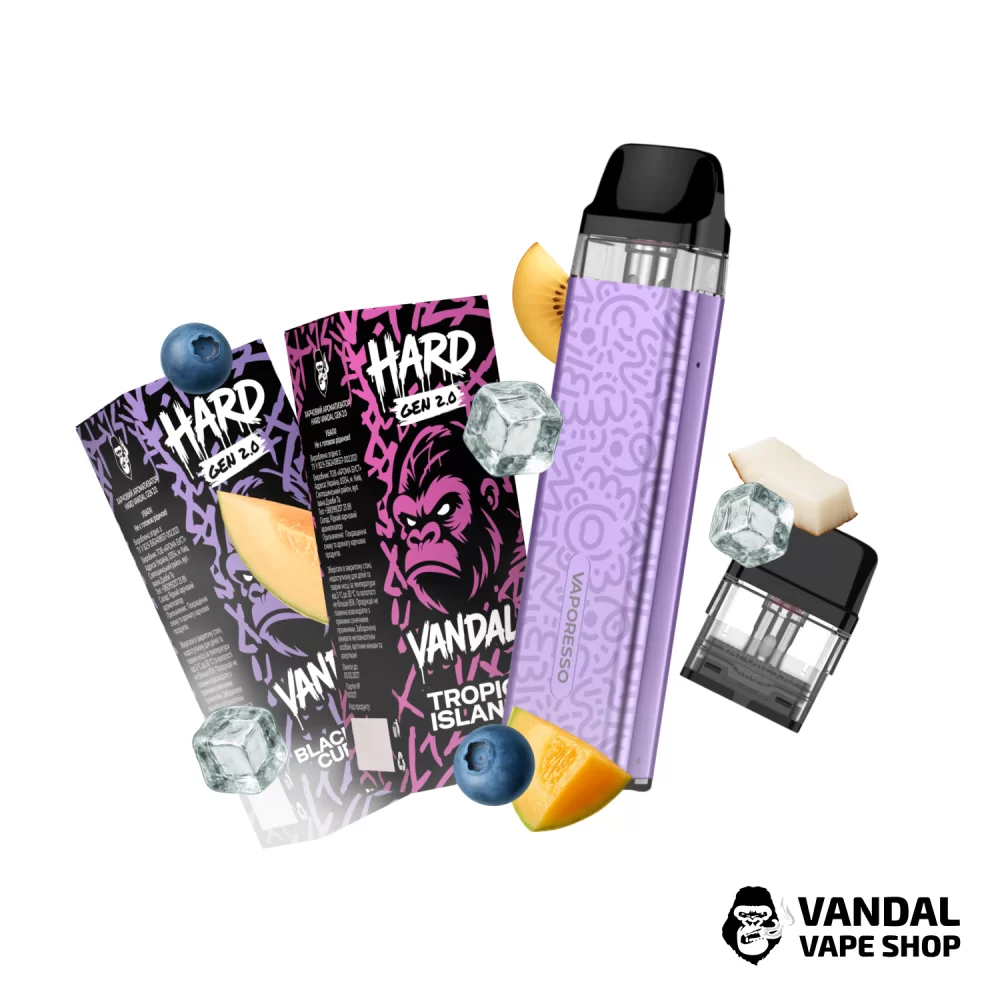 Набор M 2.0: подсистема Vaporesso XROS 3 Mini в лиловом цвете с узорами + картридж 1.0 Ом + 2 набора для самозамеса HARD VANDAL 2.0 10 мл 50 мг: со вкусом черники со смородиной/со вкусом гуавы, маракуи и драгонфрута