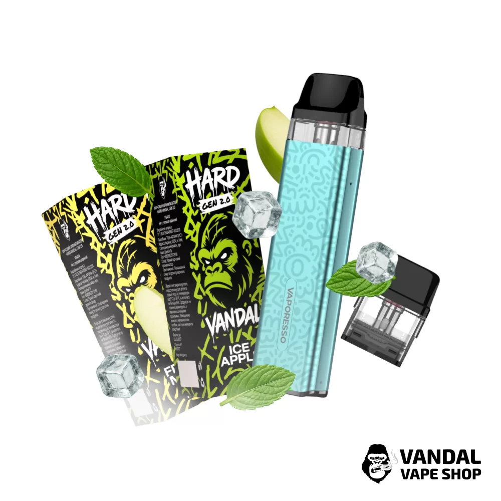 Набор M 2.0: подсистема Vaporesso XROS 3 Mini в бирюзовом цвете с узорами + картридж 1.0 Ом + 2 набора для самозамеса HARD VANDAL 2.0 10 мл 50 мг: со вкусом яблока с холодком/со вкусом мяты с холодком