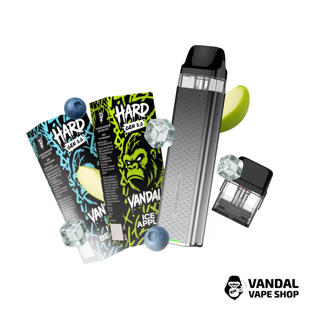 Набір M 2.0: подсистема Vaporesso XROS 3 Mini в кольорі крижаного срібла + картридж 1.0 Ом + 2 набори для самозамісу HARD VANDAL 2.0 10 мл 50 мг: зі смаком яблука з холодком/ ягід з холодком