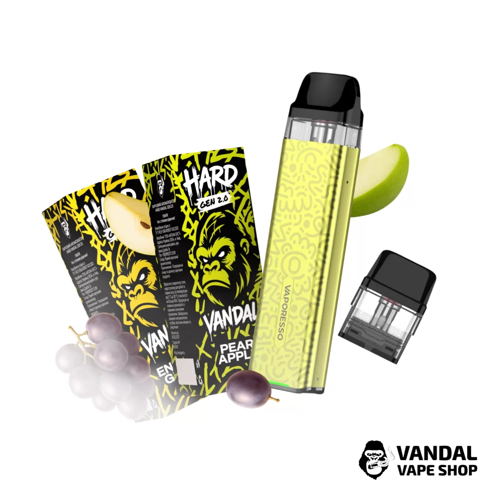 Набор M 2.0: подсистема Vaporesso XROS 3 Mini в лимонно-жёлтом цвете с узорами + картридж 1.0 Ом + 2 набора для самозамеса HARD VANDAL 2.0 10 мл 50 мг: со вкусом энергетика с виноградом/со вкусом яблока и груши