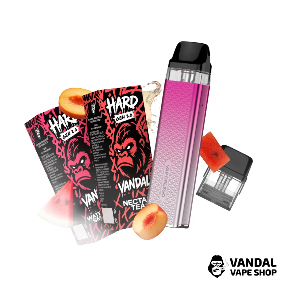 Набір M 2.0: подсистема Vaporesso XROS 3 Mini у градієнтному рожевому кольорі + картридж 1.0 Ом + 2 набори для самозамісу HARD VANDAL 2.0 10 мл 50 мг: зі смаком чаю з нектаром, саусепом, яблуком та екзотичними фруктами/зі смаком смузі з кавуном