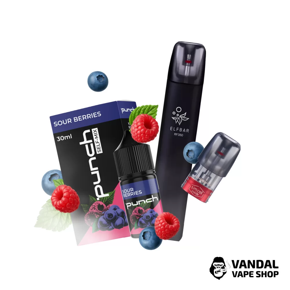 Набір S: подсистема Elf Bar Rf 350 Black + набір для самозамісу Punch Sour Berries 30 мл 65 мг + Картридж ELF BAR RF350 + Стікерпак Набір S: подсистема Elf Bar Rf 350 Black + набір для самозамісу Punch Sour Berries 30 мл 65 мг + Картридж ELF BAR RF350 + Стікерпак