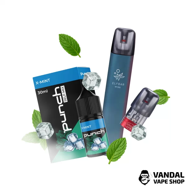 Набор S: подсистема Elf Bar Rf 350 Dark Green + набор для самозамеса Punch X Mint 30 мл 50 мг + Картридж ELF BAR RF350 + Стикерпак