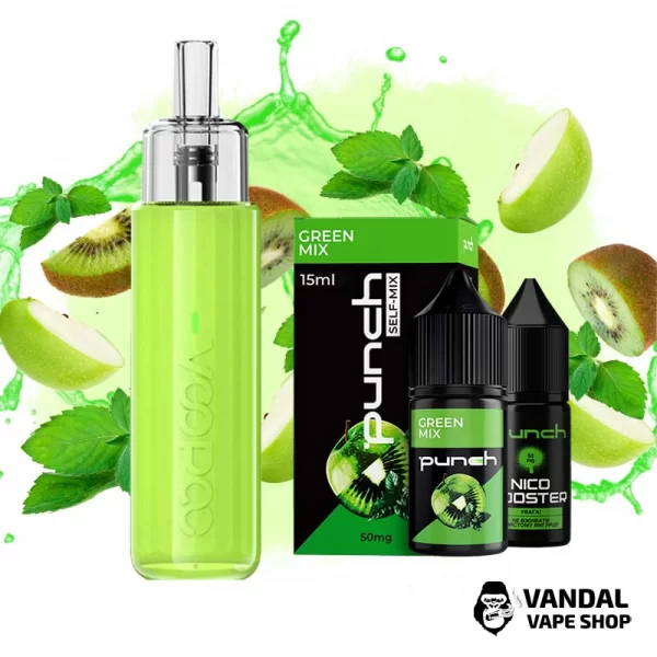 Набор S: подсистема VooPoo Doric Q в зеленом цвете + набор для самозамеса Punch 15 мл 65 мг со вкусом яблока, киви и мяты