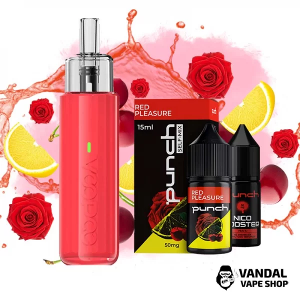 Набір S: подсистема VooPoo Doric Q в червоному кольорі + набір для самозамісу Punch 15 мл 50 мг зі смаком вишні, троянди та лимона