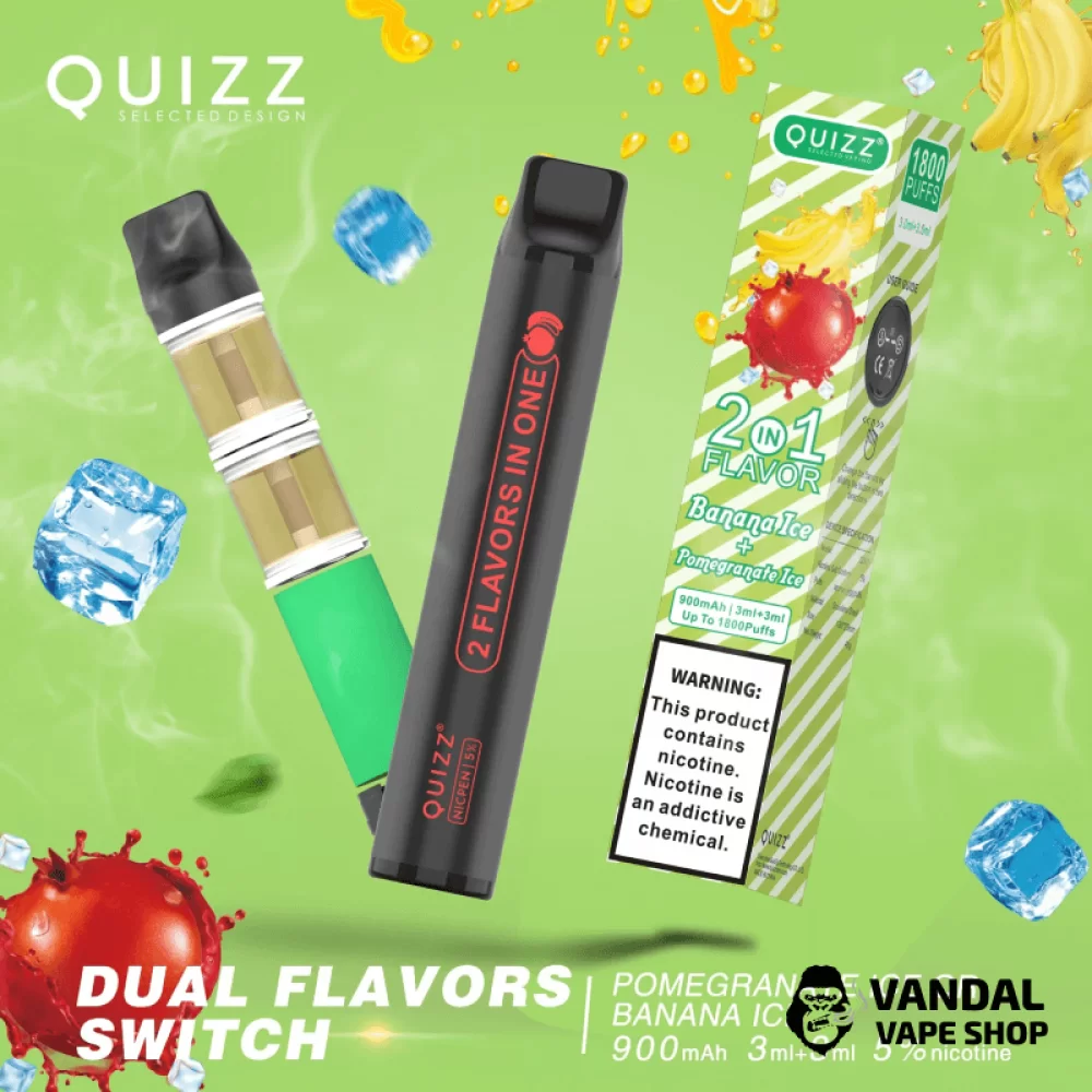 Одноразова Pod-система Quizz NICPEN 1800 2 в 1 50 мг 900 мАг зі смаком гранату з холодком + банану з холодком