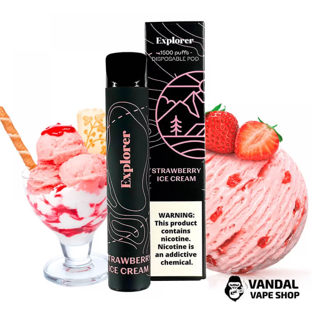 Одноразовый Pod Explorer 1500 Disposable Device 850mAh 5% на 1500 затяжек со вкусом клубничного мороженого Одноразовый Pod Explorer 1500 Disposable Device 850mAh 5% на 1500 затяжек со вкусом клубничного мороженого