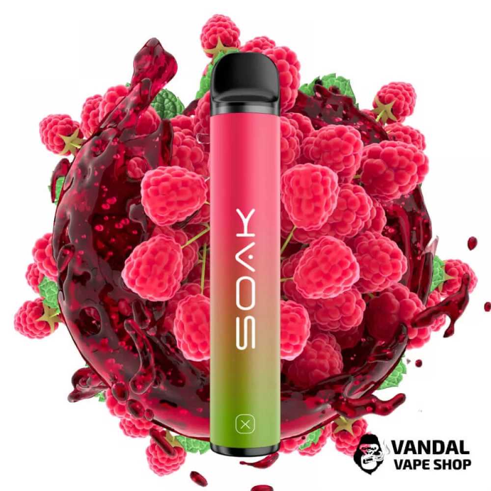 Одноразова Pod система Soak X 50 мг 850 мАг на 1500 затяжок зі смаком малинової газованки Одноразова Pod система Soak X 50 мг 850 мАг на 1500 затяжок зі смаком малинової газованки