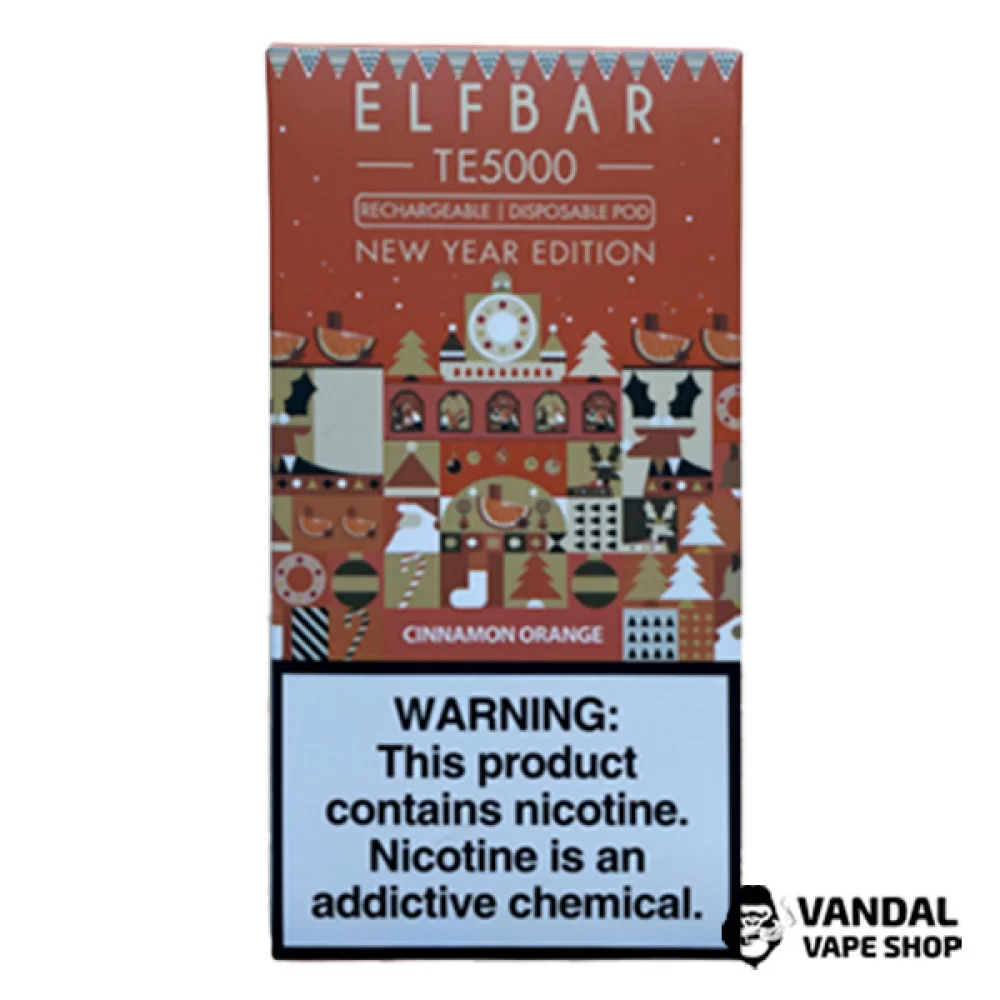 Одноразовий Pod Elf Bar TE5000 Christmas Edition 550 мАг на 5000 затяжок зі смаком апельсину та кориці Одноразовий Pod Elf Bar TE5000 Christmas Edition 550 мАг на 5000 затяжок зі смаком апельсину та кориці