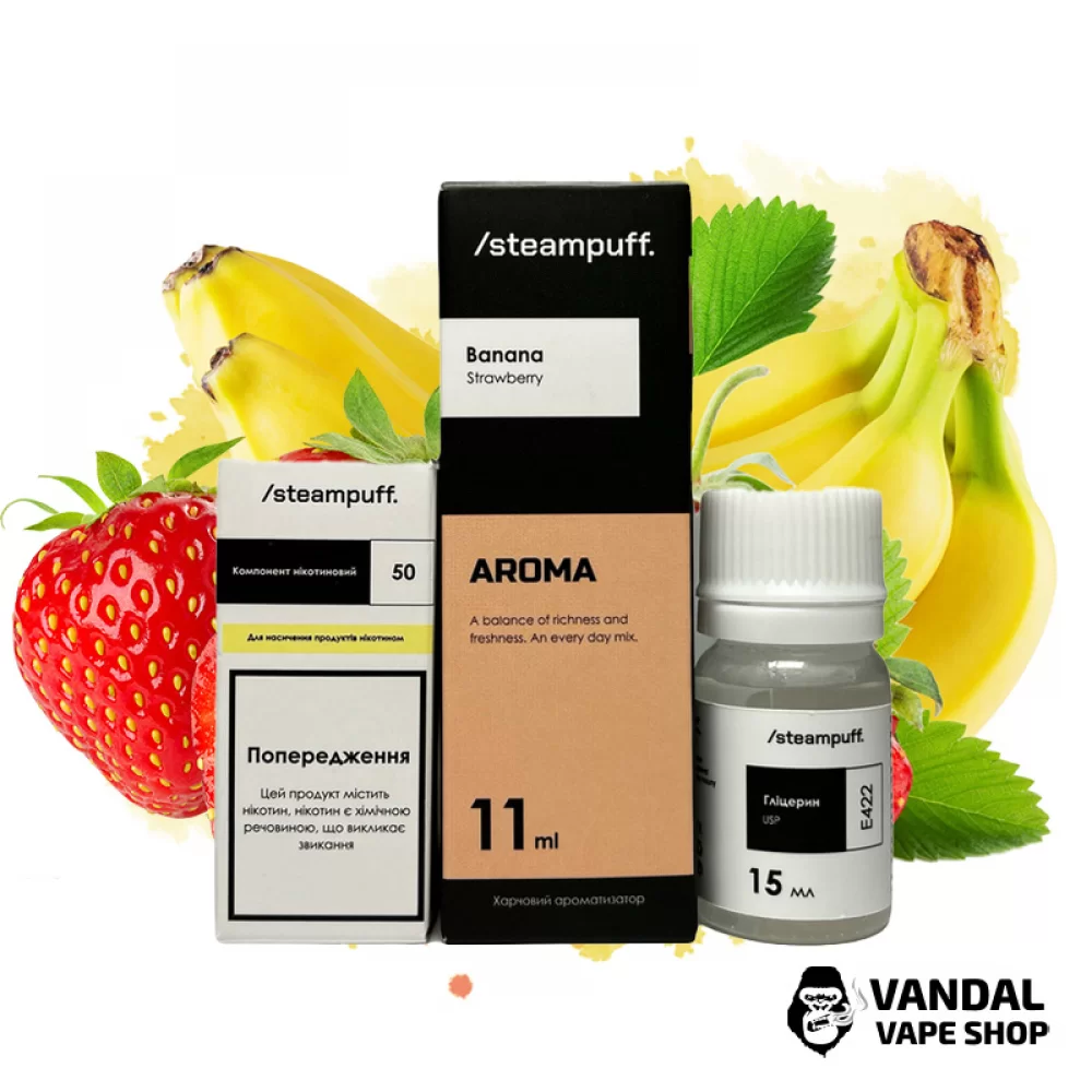 Набор для самозамеса SteamPuff 30 мл 50 мг со вкусом банана и клубники Набор для самозамеса SteamPuff 30 мл 50 мг со вкусом банана и клубники