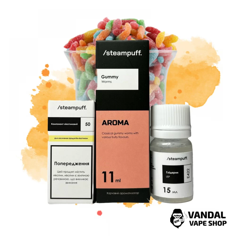 Набор для самозамеса SteamPuff 30 мл 50 мг со вкусом желейных червячков Набор для самозамеса SteamPuff 30 мл 50 мг со вкусом желейных червячков