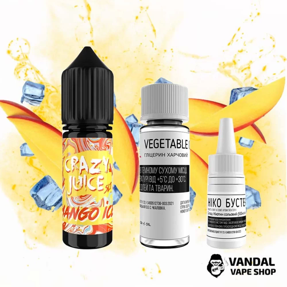 Набір для самозамісу Crazy Juice 15 мл 50 мг зі смаком манго з холодком Набір для самозамісу Crazy Juice 15 мл 50 мг зі смаком манго з холодком