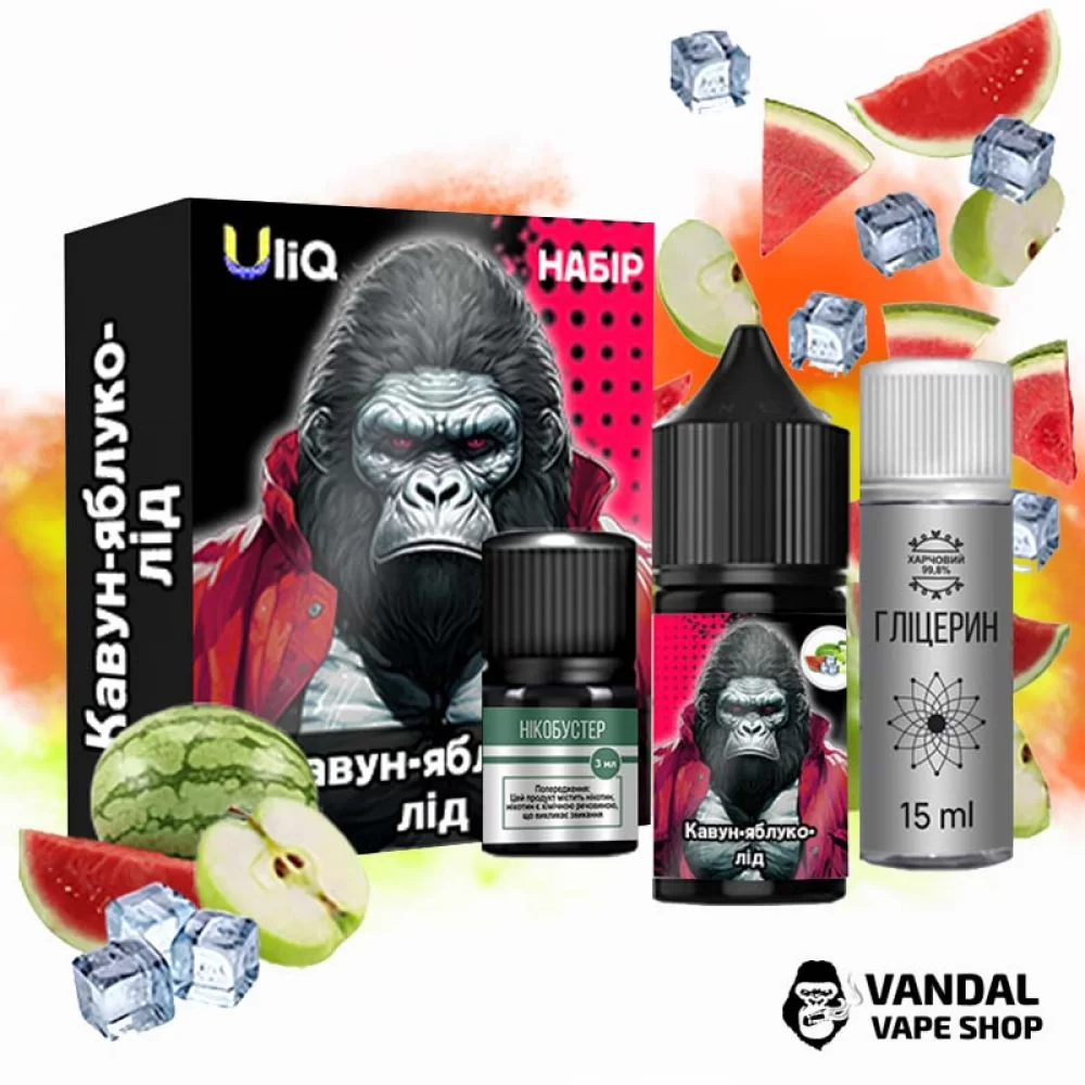 Набор для самозамеса Uliq 30 мл 50 мг со вкусом арбуза и яблока с холодком Набор для самозамеса Uliq 30 мл 50 мг со вкусом арбуза и яблока с холодком