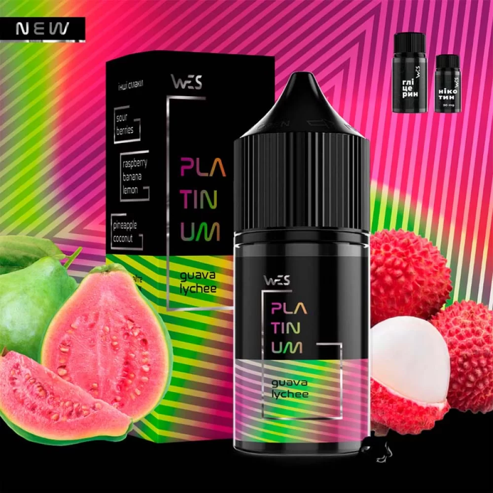 Набір для самозамісу WES Platinum 30 мл 65 мг зі смаком гуави і лічі Набір для самозамісу WES Platinum 30 мл 65 мг зі смаком гуави і лічі