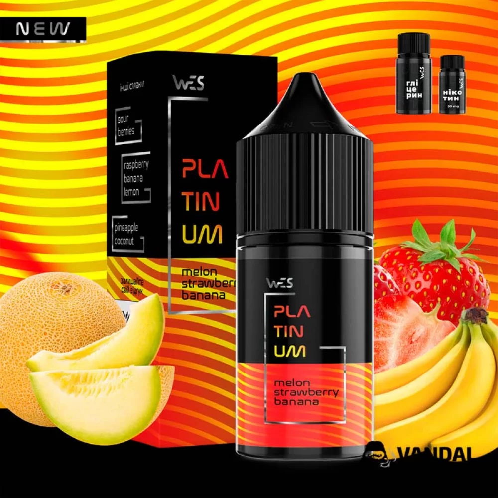 Набор для самозамеса WES Platinum 30 мл 65 мг со вкусом дыни, клубники, банана Набор для самозамеса WES Platinum 30 мл 65 мг со вкусом дыни, клубники, банана