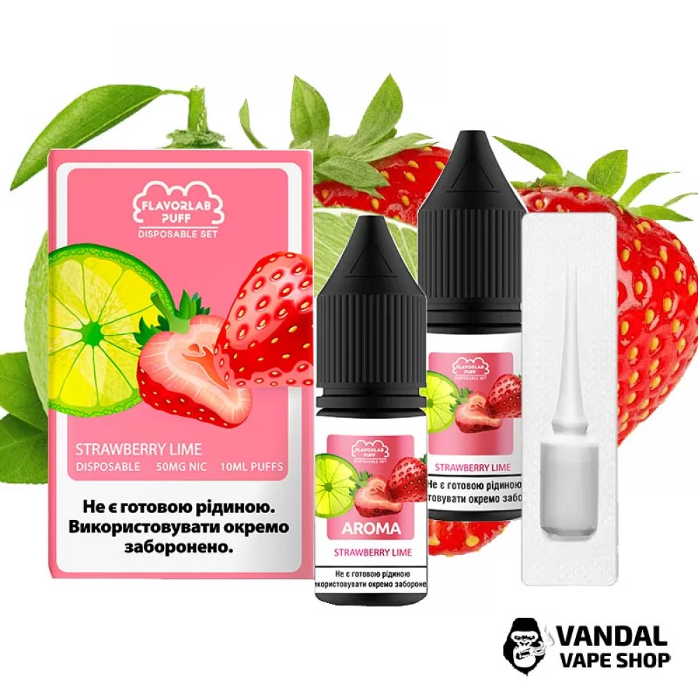 Набор для самозамеса Flavorlab Disposable Puff со вкусом клубники и кислого лайма 10 мл 50 мг Набор для самозамеса Flavorlab Disposable Puff со вкусом клубники и кислого лайма 10 мл 50 мг